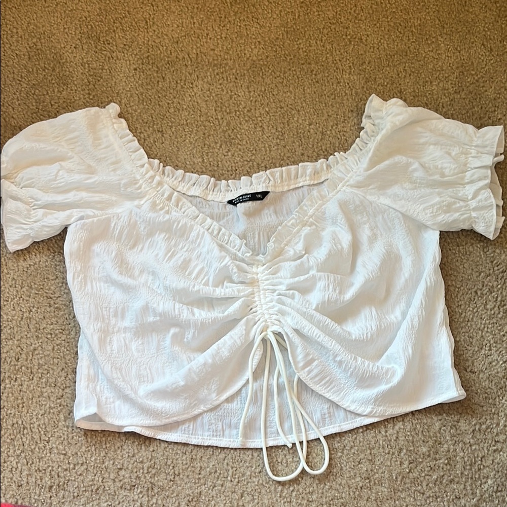 White Square Neck Puff Sleeve Crop Blouse